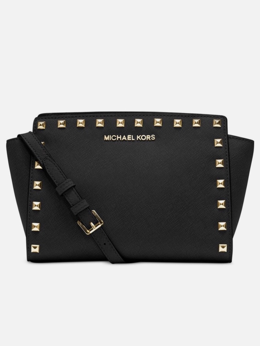 Michael Kors Selma Medium Studded Saffiano Messenger/Crossbody Purse Bag Black